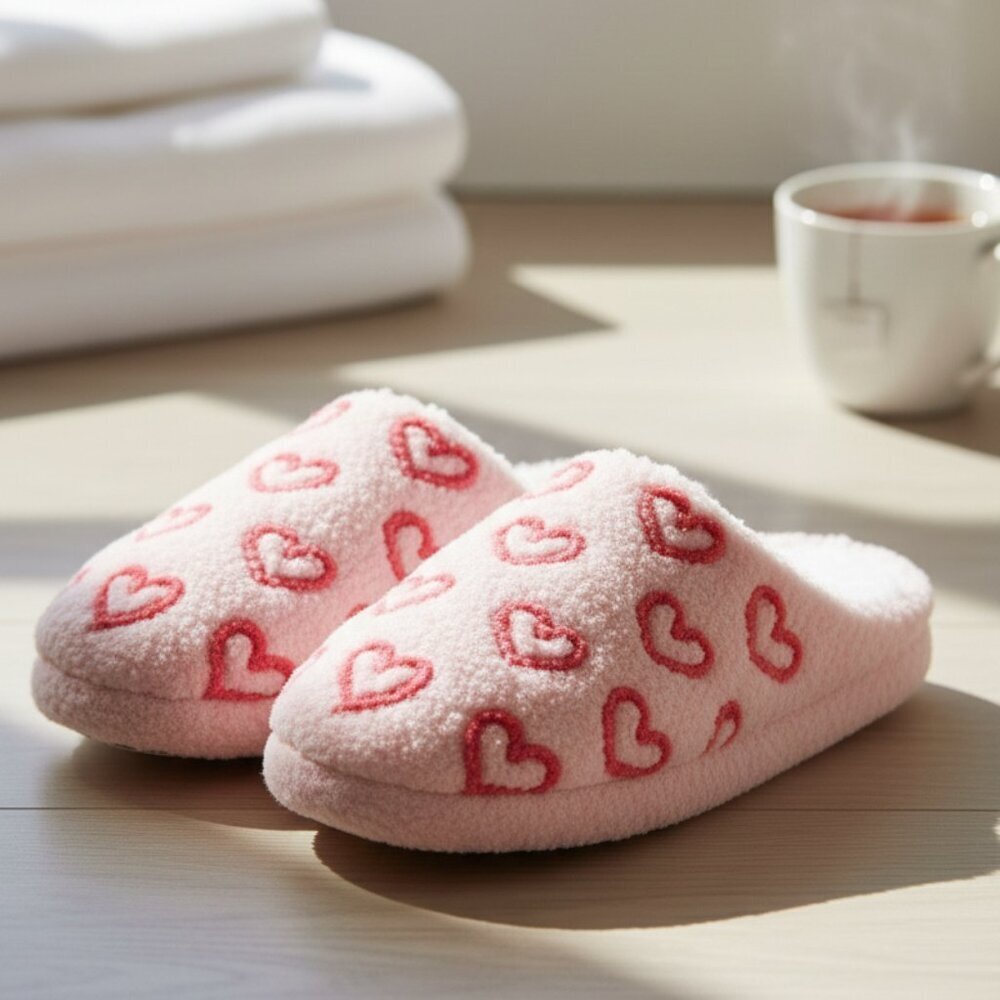 Honeydew Heart Scuff Slippers Womens Medium Faux Shearling Pink Ivory NEW